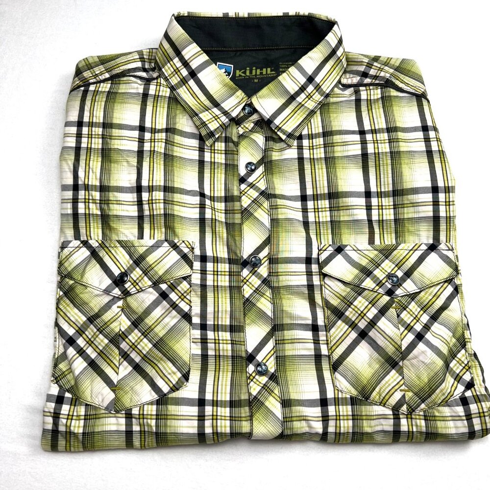 Kühl Mens Plaid Short Sleeve Button-Up Shirt M Polyester Lightweight with Ionik